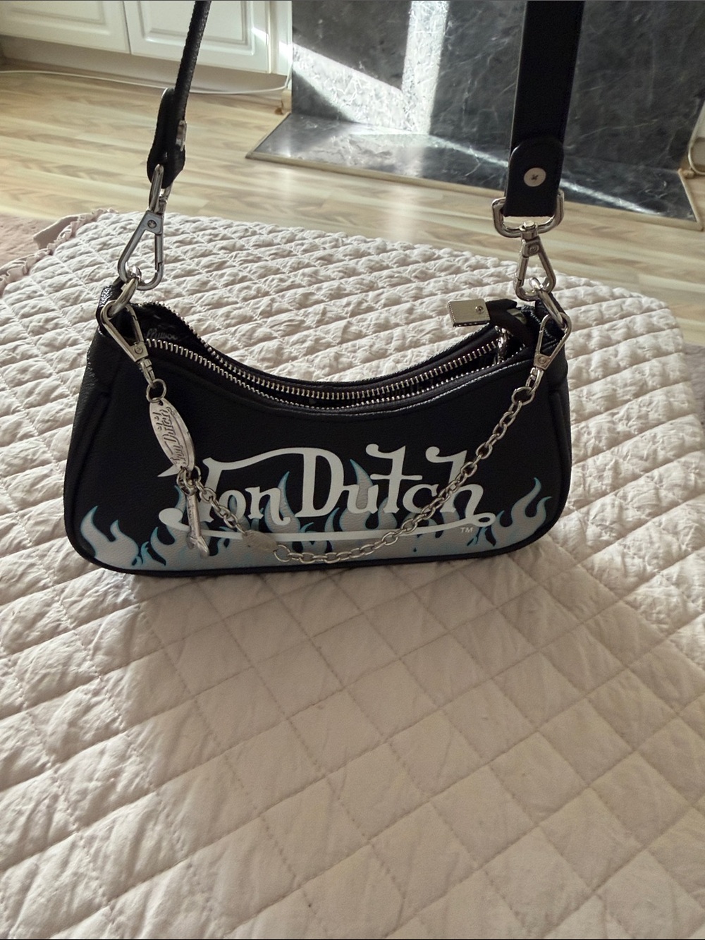 Von Dutch Black Mini Shoulder Bag with Blue Flame Graphic